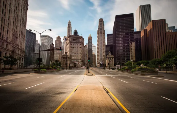 Picture the city, street, skyscrapers, traffic light