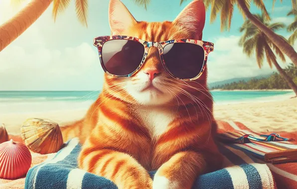 Sand, sea, cat, beach, summer, the sky, cat, look