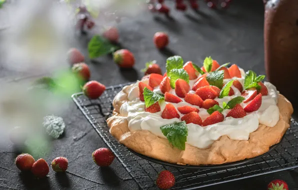 Picture berries, table, strawberry, pie, placer, grey background, mint, cream