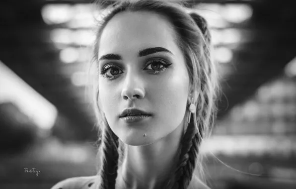 Girl, close-up, face, portrait, makeup, hairstyle, black and white, braids