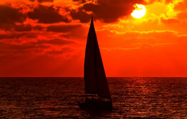 Sea, the sky, the sun, clouds, sunset, boat, yacht, sail
