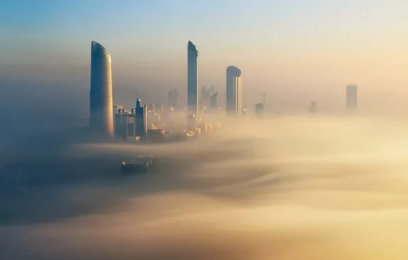 The city, fog, morning, gold, Dubai, Dubai, UAE