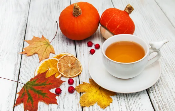 Picture autumn, leaves, colorful, autumn, leaves, cup, tea, maple