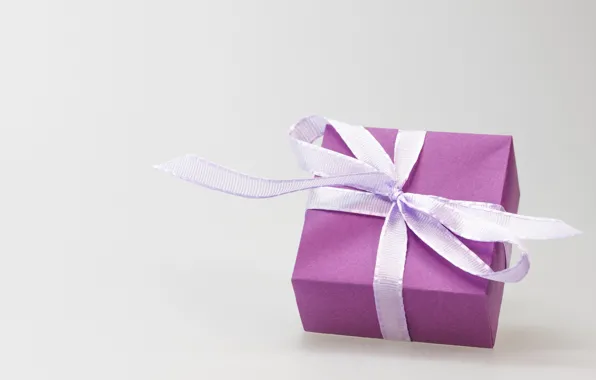 Holiday, box, gift, tape, grey background, bow, lilac