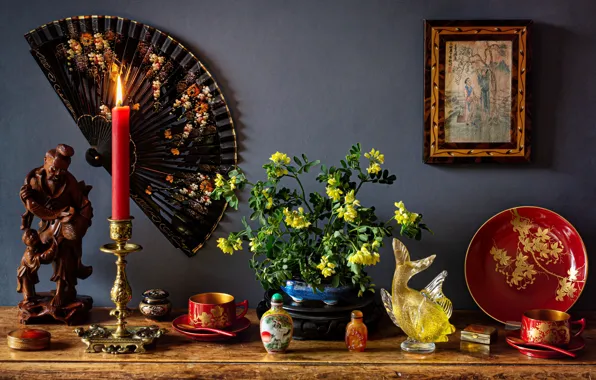 Picture flowers, style, candle, fish, picture, fan, Cup, still life