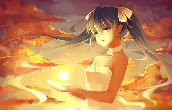 Picture girl, the sun, clouds, sunset, vocaloid, hatsune miku, palm, tails