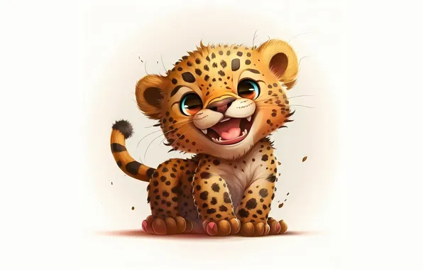 Look, smile, kitty, mouth, watercolor, leopard, white background, painting