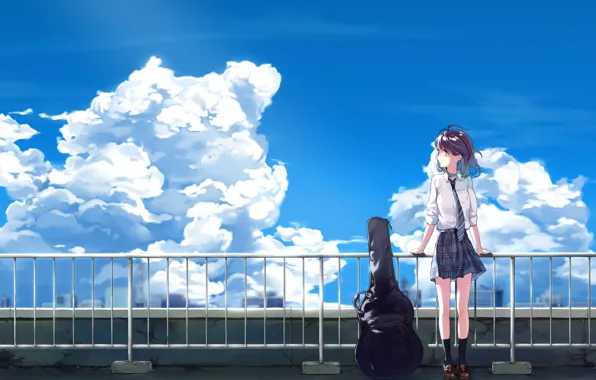 Picture the sky, girl, clouds, guitar, anime, art, tie, form