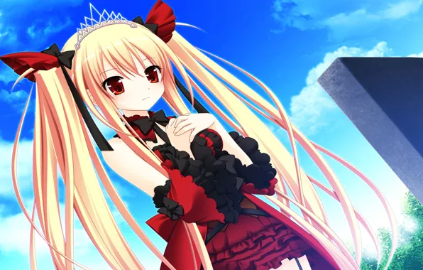 Girl, tape, anime, dress, red eyes, long hair, anime, two tails