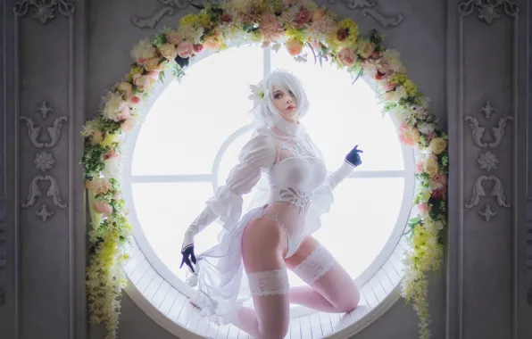 Sexy, window, blonde, sexy, window, blonde, flower in hair, Cosplay