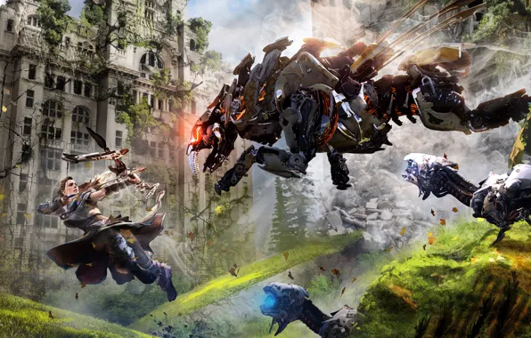 Picture Girl, Robot, Trees, Bow, Hunter, PlayStation 4, Sony Computer Entertainment, Guerrilla Games