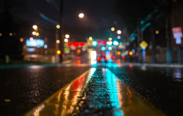 Picture asphalt, macro, light, night, lights, rain, street, Road