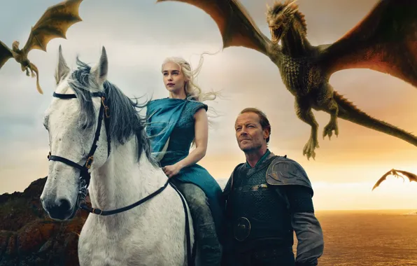 Picture dragons, Game of Thrones, Emilia Clarke, Daenerys Targaryen, Iain Glen, Jorah Mormont
