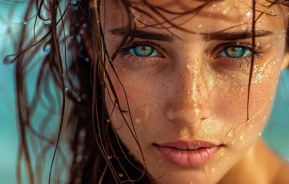 Picture look, water, girl, drops, squirt, close-up, face, portrait