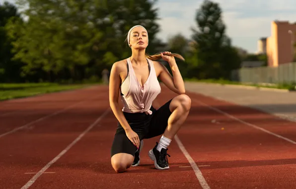 Girl, pose, sport, treadmill, Ilya Pistols, Elena Veyron