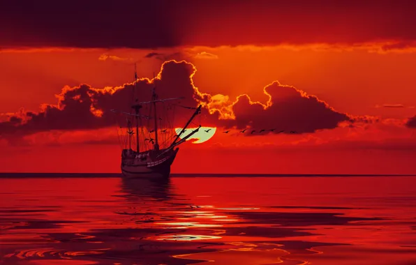 Picture sea, the sky, the sun, clouds, birds, ship, sailboat, horizon, glow, silhouettes, mast, 3D Graphics