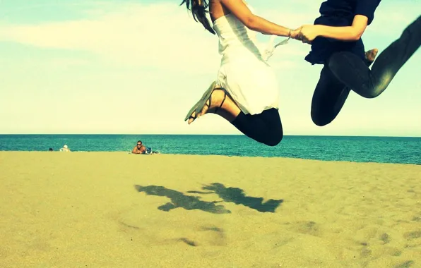 Picture sand, sea, jump, Wallpaper, pair