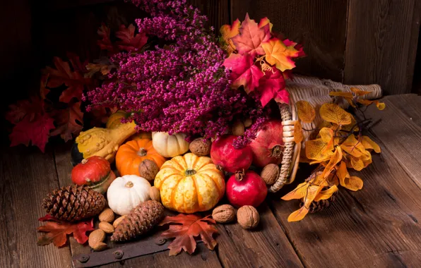 Leaves, flowers, pumpkin, nuts, still life, garnet, the gifts of autumn