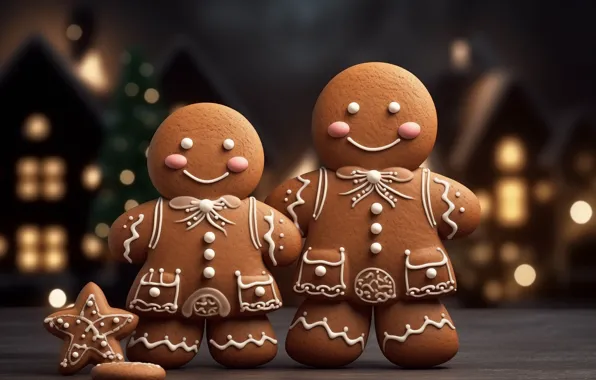 Night, lights, the dark background, star, men, cookies, Christmas, outfit