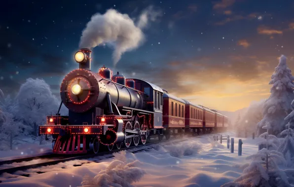 Winter, snow, train, the engine, Christmas, railroad, New year, AI art