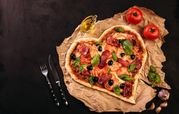 Heart, meat, pizza, tomato, olives, Basil