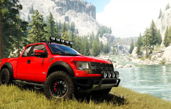 Mountains, river, red, ford, on the shore, The Crew
