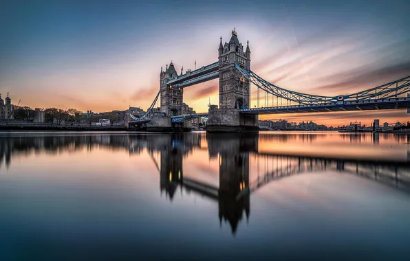 The sky, clouds, sunset, bridge, reflection, river, England, London