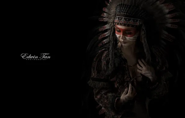 Woman, feathers, Native American, with makeup