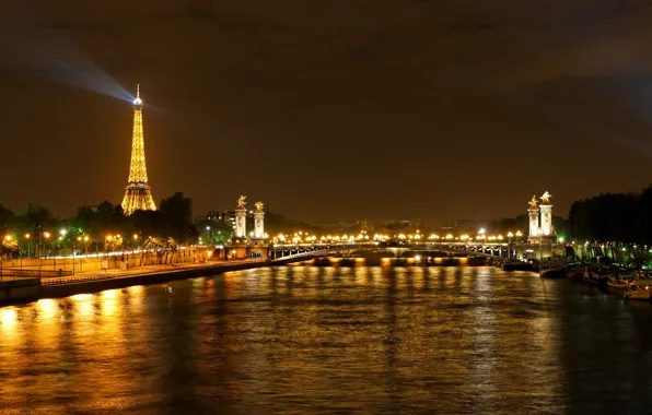 Water, night, the city, lights, Paris, Eiffel tower