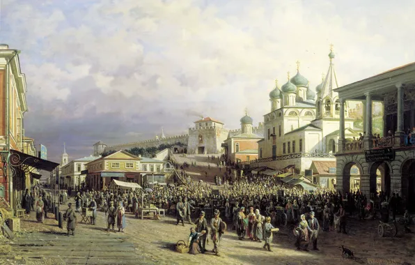 People, oil, temple, Canvas, 1872, Peter Vereshchagin, The market in Nizhny Novgorod