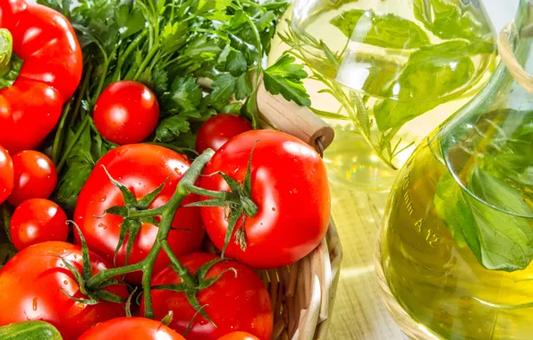 Greens, basket, oil, vegetables, tomatoes, parsley