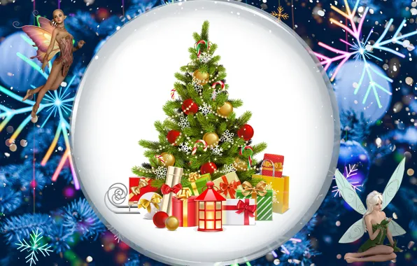 Fairies, Christmas, New year, Tree, Gifts, Christmas tree