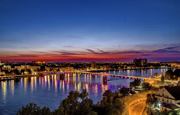 The sky, night, bridge, river, Serbia, Bridges, Rivers, Novi Sad
