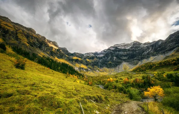 Autumn, the sky, clouds, trees, mountains, clouds, stones, rocks