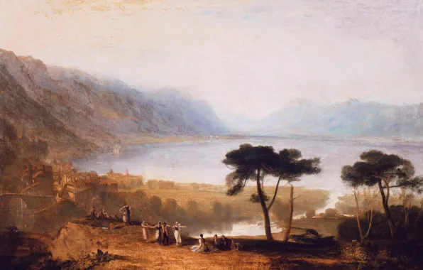 Trees, landscape, mountains, lake, people, picture, William Turner, Lake of Geneva from Montreux