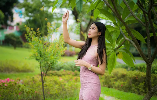 Leaves, girl, branches, hair, dress, Asian, bokeh
