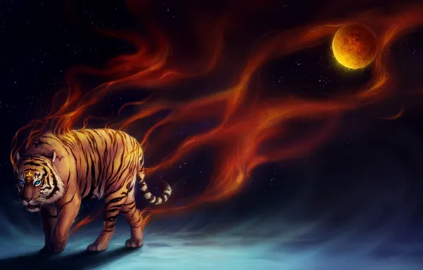 Picture tiger, fire, planet, art, sanguisgelidus