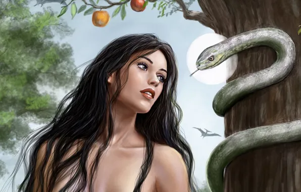 Look, girl, tree, hair, snake, art, Apple, Eva