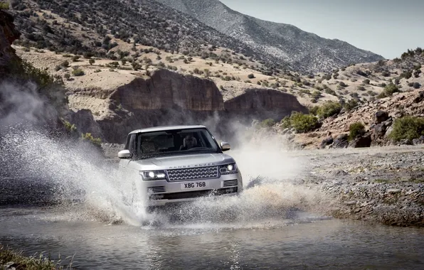 Water, mountains, squirt, silver, jeep, SUV, Land Rover, Range Rover