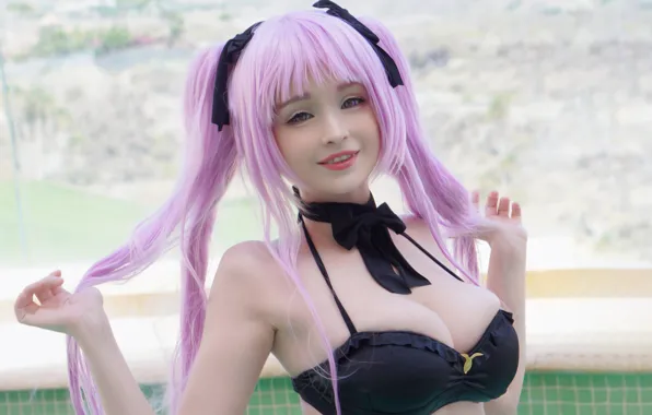 Girl, sexy, cleavage, pink hair, long hair, boobs, smile, beautiful