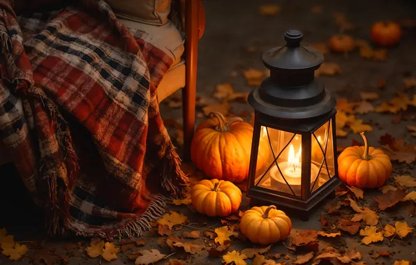 Autumn, light, glade, foliage, candle, chair, the evening, lantern