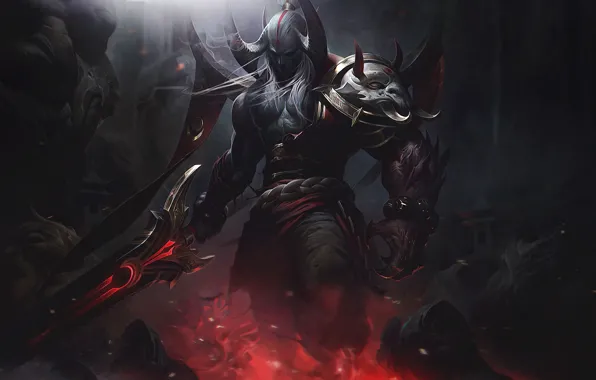 Dark, fire, sword, fantasy, game, armor, weapon, League of Legends