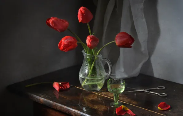 Glass, water, drops, table, towel, bouquet, petals, tulips
