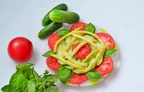 Photo, Vegetables, Plate, Tomatoes, Food, Cucumbers
