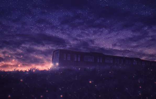 Picture sunset, nature, train, starry sky