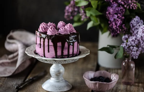 Picture flowers, cake, vase, lilac, chocolate, Karina Klachuk