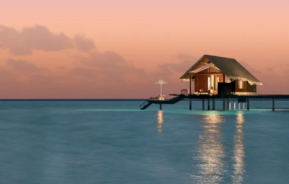 Picture the ocean, the evening, pier, Bungalow, romantic, reethi-rah, private water villa