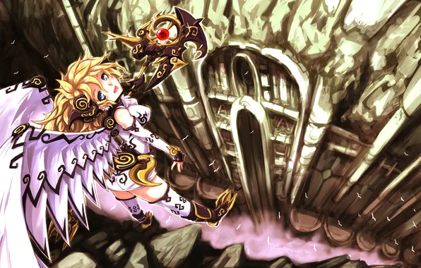 Picture girl, castle, rocks, fantasy, art, gorge, staff, entrance