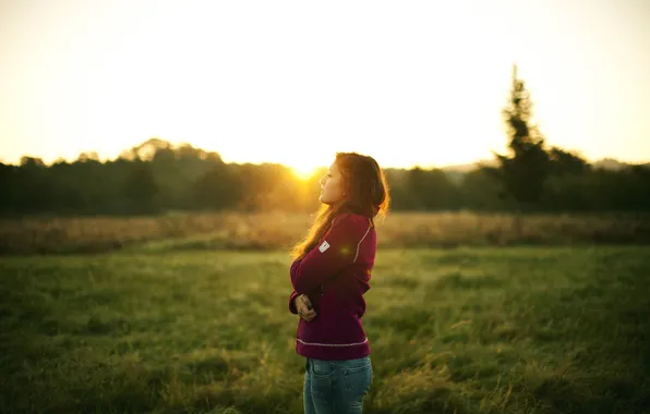 Grass, girl, the sun, jeans, profile