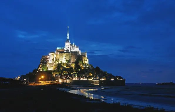 The sky, night, France, island, backlight, fortress, blue, Mont-Saint-Michel